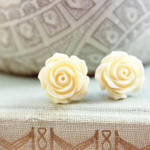 Cream Rose Earrings Surgical Steel Posts Flower Studs Light Yellow Floral Earrings Off White Rose Resin Jewelry Romantic Bridesmaids Gifts image 2