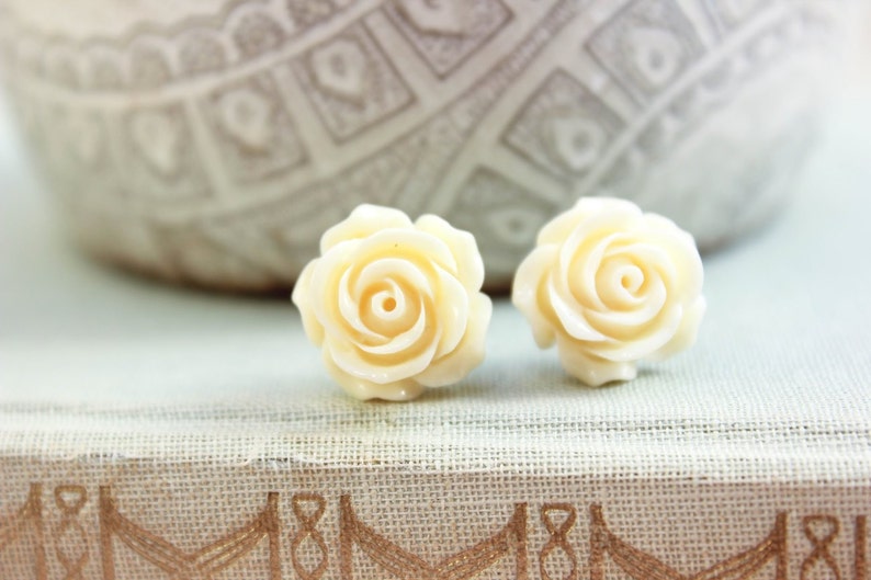 Cream Rose Earrings Surgical Steel Posts Flower Studs Light Yellow Floral Earrings Off White Rose Resin Jewelry Romantic Bridesmaids Gifts image 2