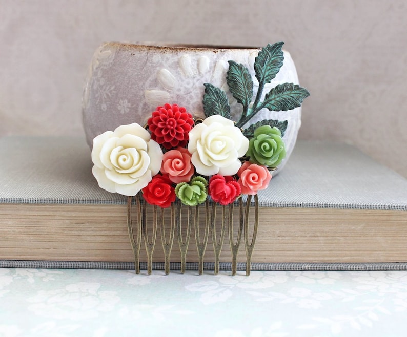 Cherry Red Flower Hair Comb Pink Raspberry Wedding Lime Green Floral Rustic Patina Branch Cherise Red Bridal Hair Piece Bridesmaids Gift