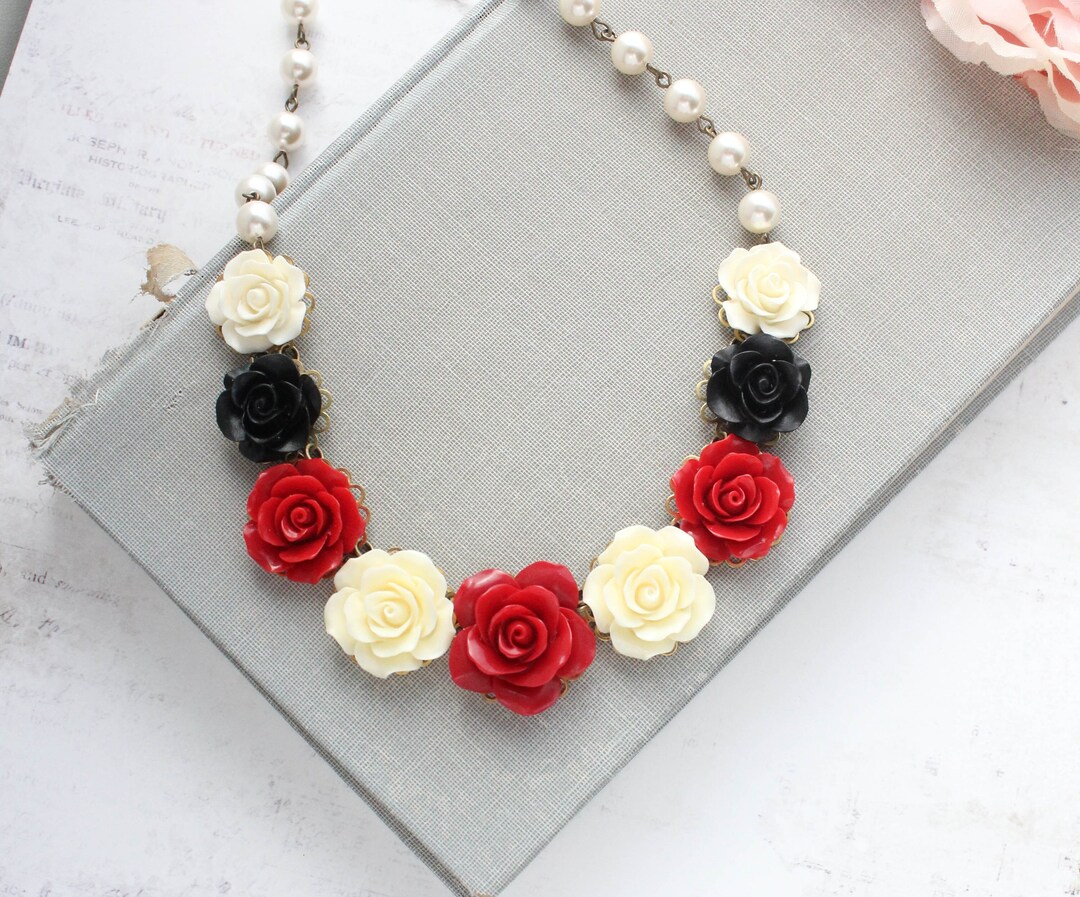 Red Rose Bib Necklace Black and Red Flower Unique Jewelry Etsy