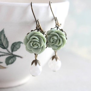 Sage Green Rose Earrings Bridesmaids Gift Idea White Faceted Glass Bead Drop Leverback Mint Green Vintage Style Antique Brass Filigree