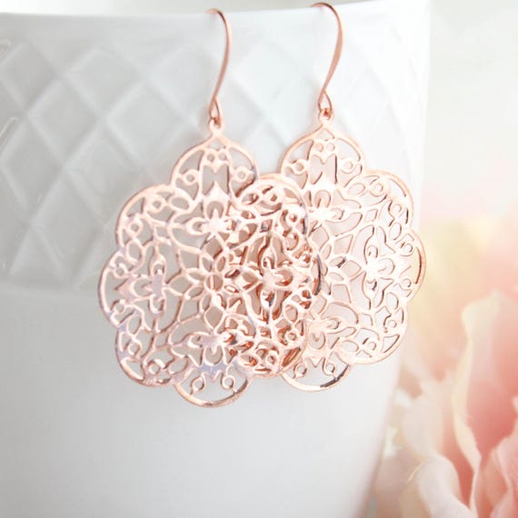 Rose Gold Earrings Big Lace Filigree Modern Large Dangle Pink Gold Spanish Style Boho Bridal Jewelry Bridesmaids Gift For Girlfriend