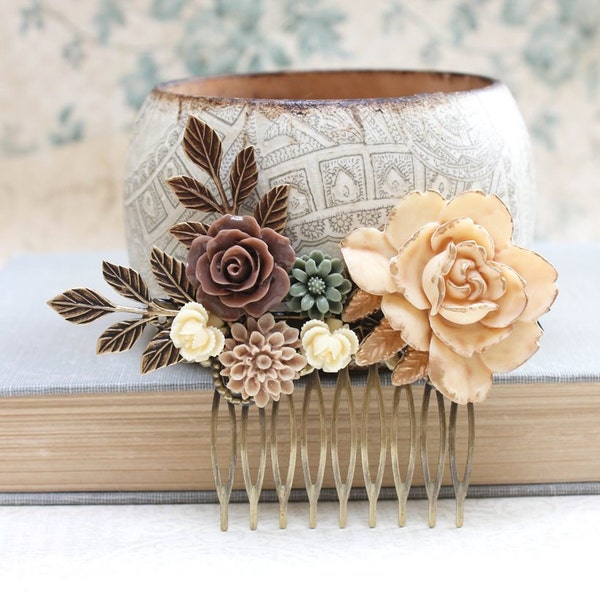 Bridal Hair Comb Woodland Wedding Romantic Flower Comb Cream Ivory Rose Brass Leaf Leaves Bridesmaids Gifts Floral Earth Tones Brown Rose