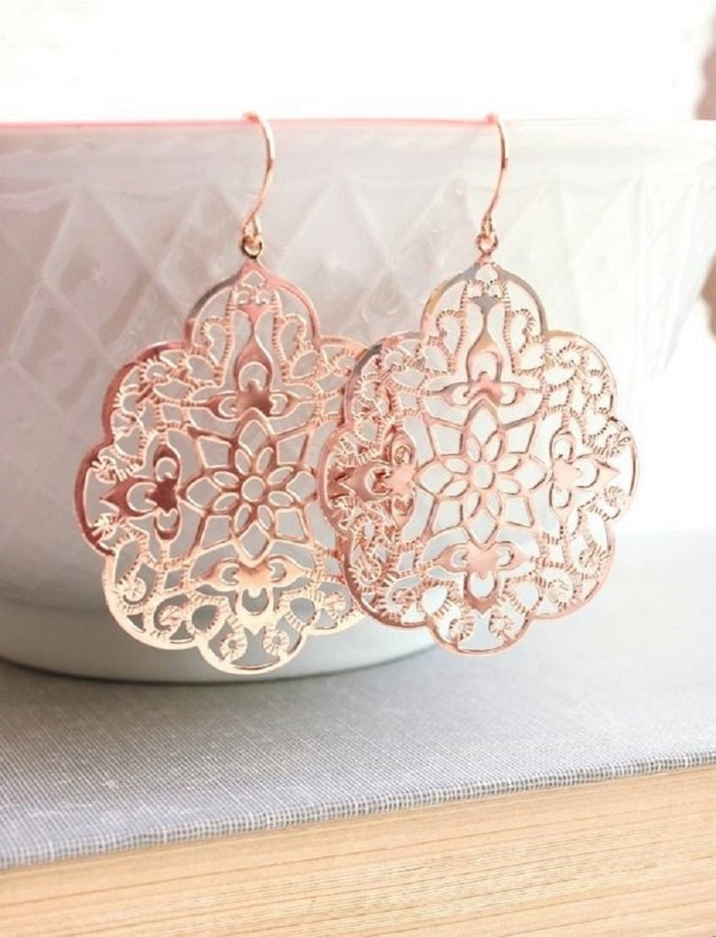 Rose Gold Earrings Big Lace Filigree Modern Large Dangle Pink Gold Spanish Style Boho Bridal Jewelry Bridesmaids Gift For Girlfriend 