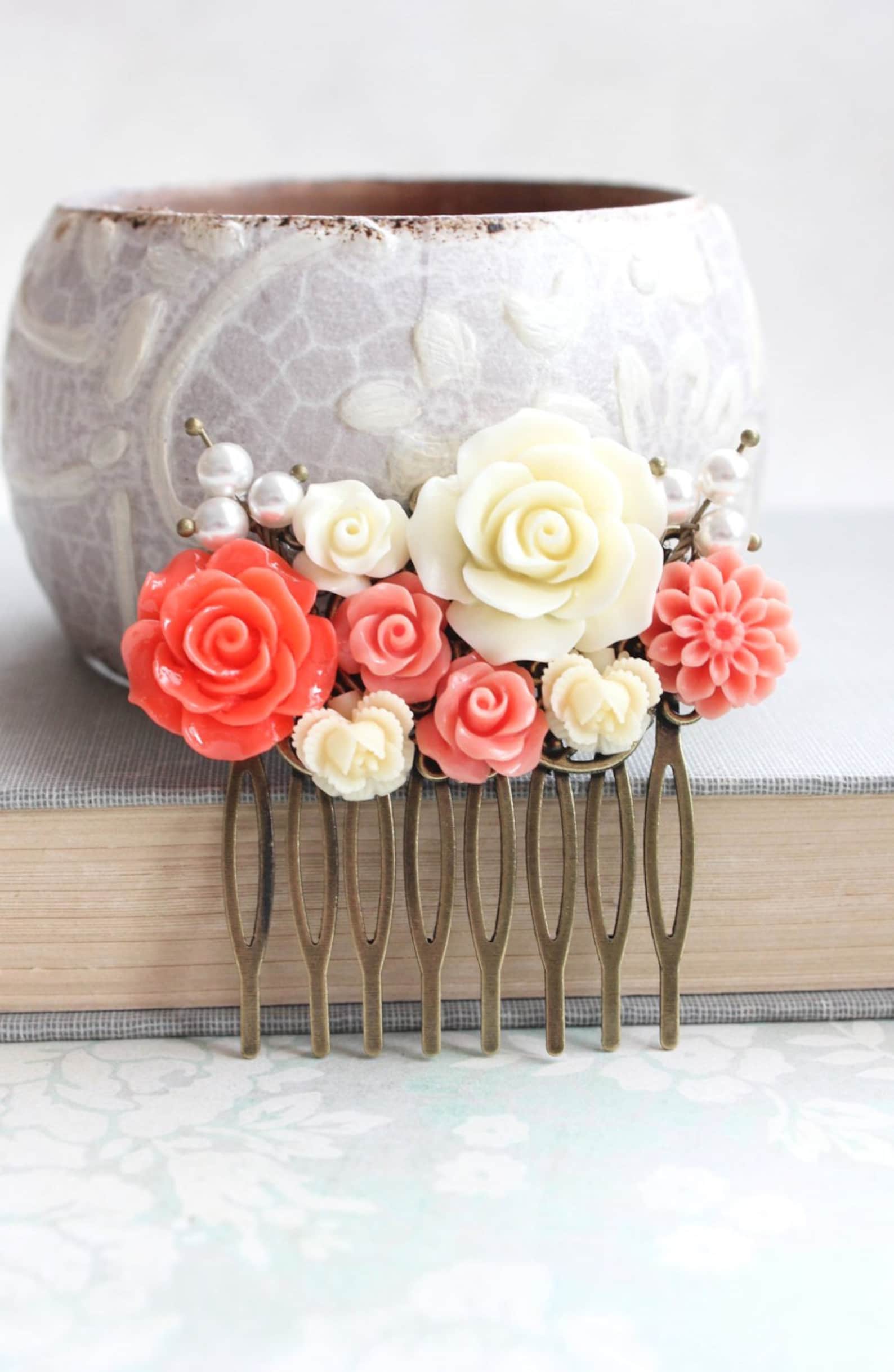 Flower Hair Comb Coral Orange Rose Cream Pearls Bright Etsy