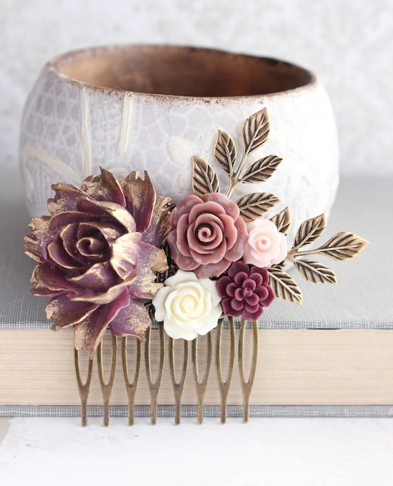Dusty Rose Hair Piece Bridal Hair Comb Maroon Wedding Plum Purple Vintage Style Antiqued Gold Branch Burgundy And Ivory Purple Wedding