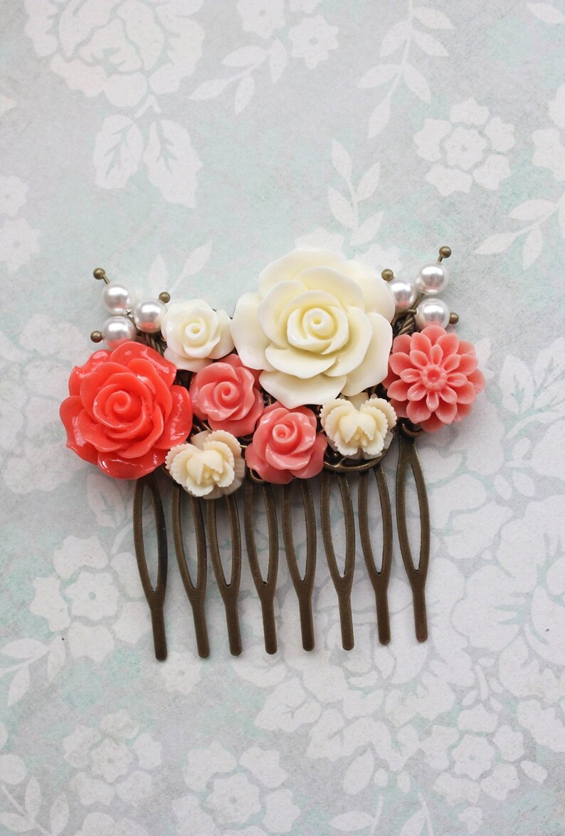 Flower Hair Comb Coral Orange Rose Cream Pearls Bright Etsy