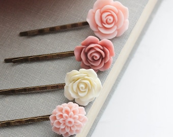 Flower Bobby Pins, Deep Blush Pink Rose,  Pale Pink Dahlia, Floral Hair Clips, Hair Accessories Chrysanthemum Hair Pin Bridesmaids Gift