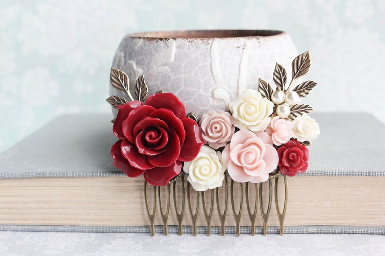 Rose Hair Comb Vintage Style Wedding Deep Red Rose Pink Floral Collage Romantic Pearl Hair Piece Bridemaids Gifts Antique Gold Branch Comb