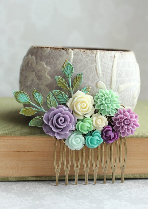 Purple Rose Comb Floral Collage Comb Bridal Hair Piece Fresh Etsy