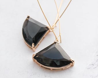 Large Black Glass Jewel Earrings, Black Fan Earrings, Simple Modern Design, Long Gold Dangle, Nickel Free, Bridesmaids Gift, Art Deco Style