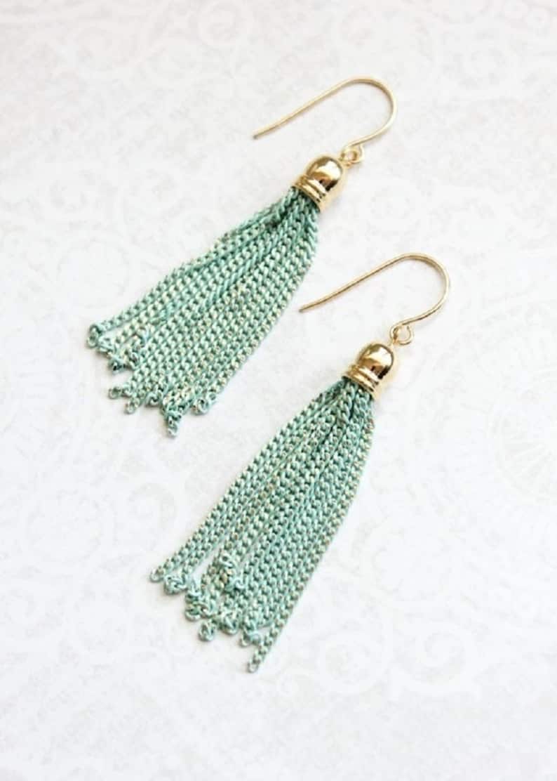 Aqua Chain Tassel Earrings Gold Dangle Earrings Bridesmaids Etsy