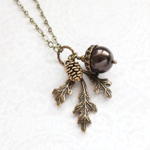 Pearl Acorn Pendant Necklace (21 colors) Brown Pearl, Fall Charms, Nature Inspired, Pinecone and Branch, Rustic Oak Leaves, Woodland Wedding