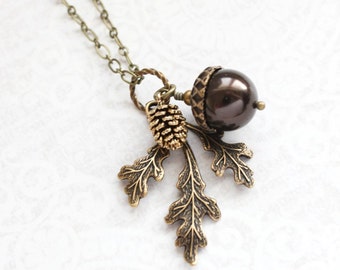 Pearl Acorn Pendant Necklace (21 colors) Brown Pearl, Fall Charms, Nature Inspired, Pinecone and Branch, Rustic Oak Leaves, Woodland Wedding