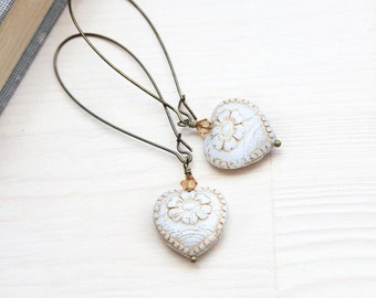 Heart Earrings Long Dangle Earrings Antique White Heart Earrings Vintage Gold Patina Love Romantic Glass Bead Earrings Unique Earrings
