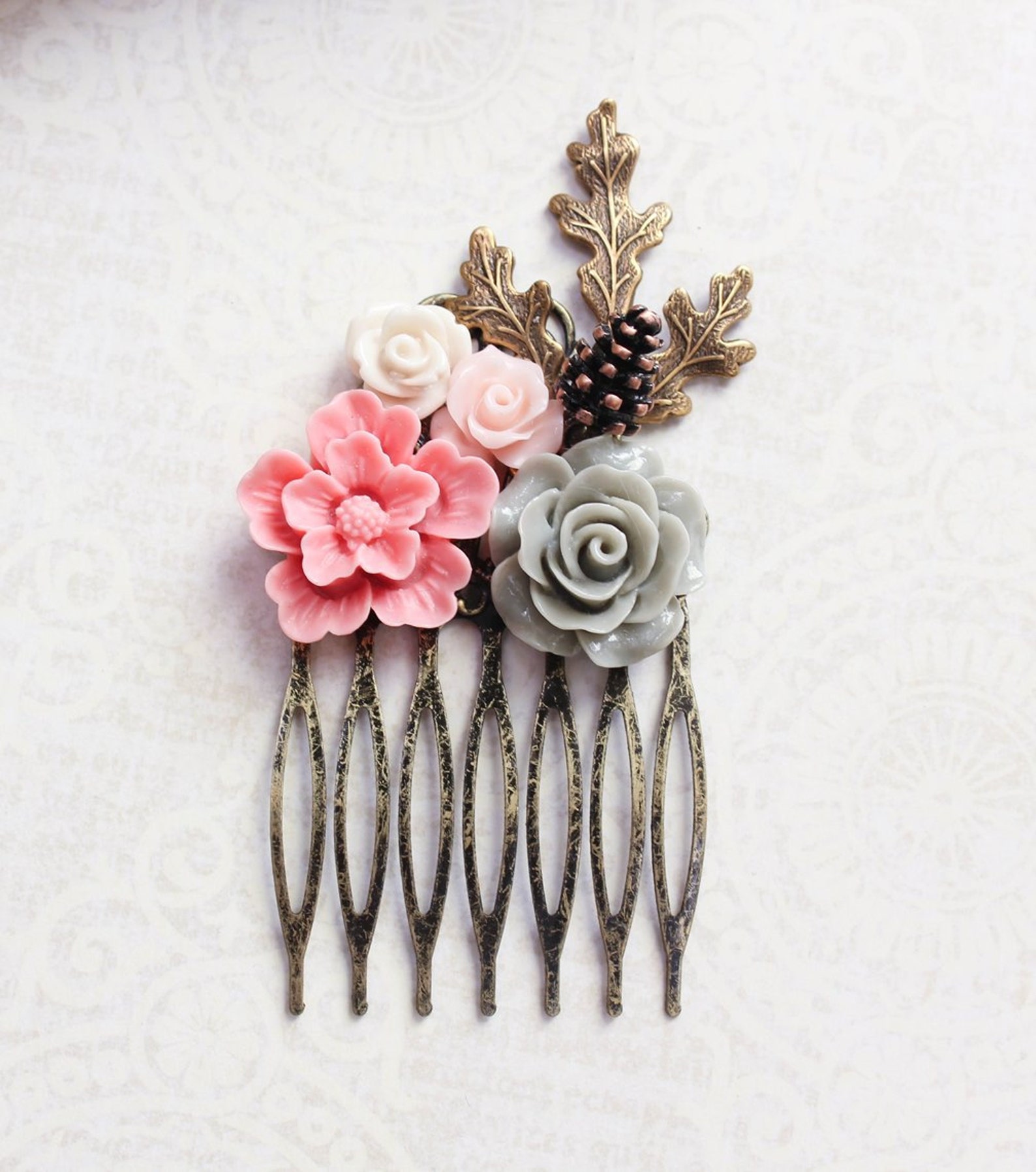 Pink Floral Hair Comb Leaf Bridal Comb Flower Hair Accessories Etsy