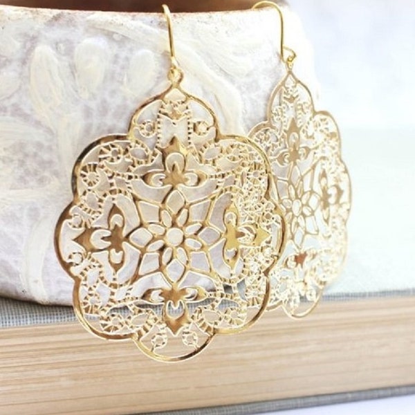 Big Gold Earrings Lace Filigree Earrings Large Dangle Spanish Style Boho Chic Gold Bridal Jewelry Bridesmaids Gift for Her Lightweight