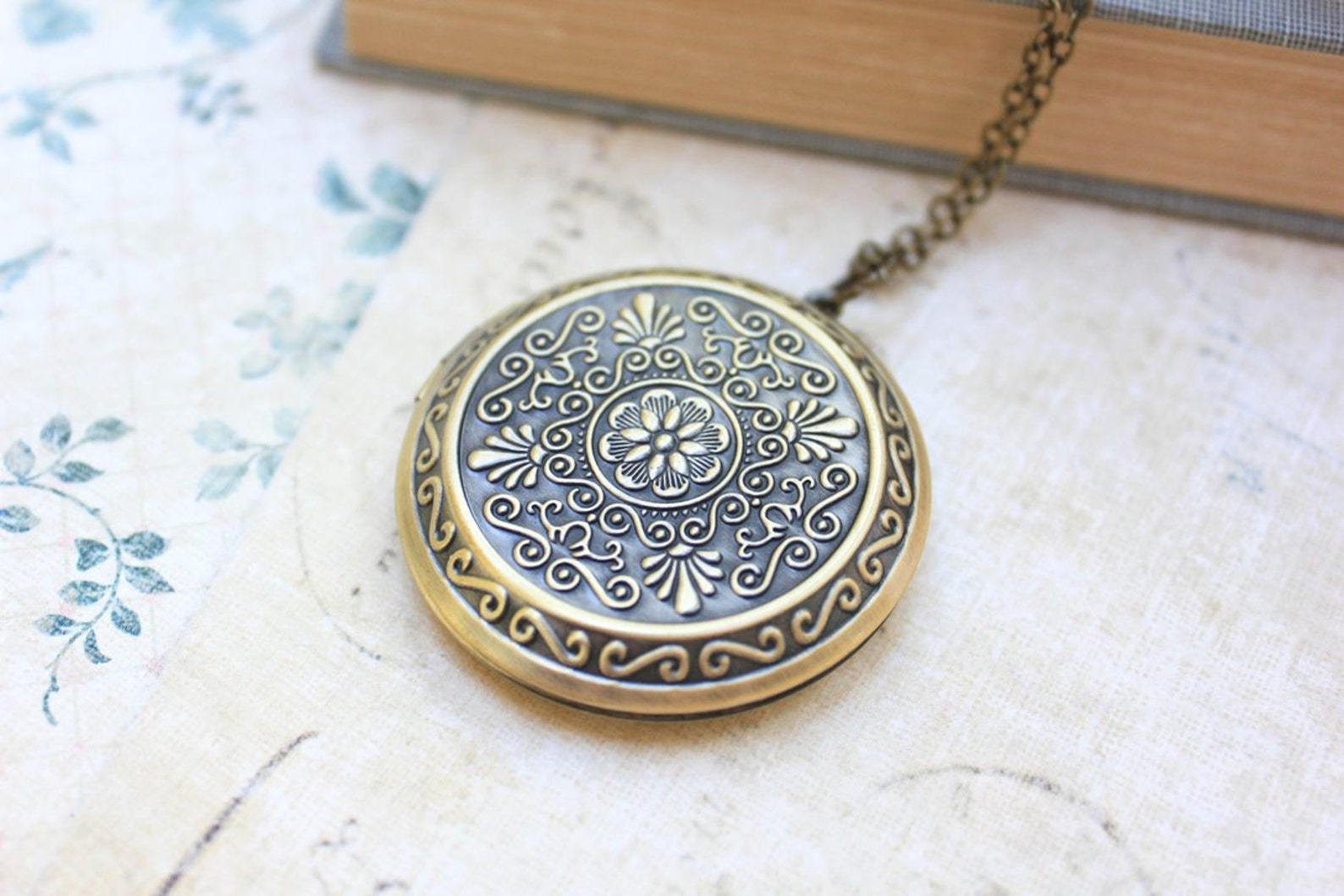 Large Round Locket Necklace Gold Floral Filigree Locket Etsy