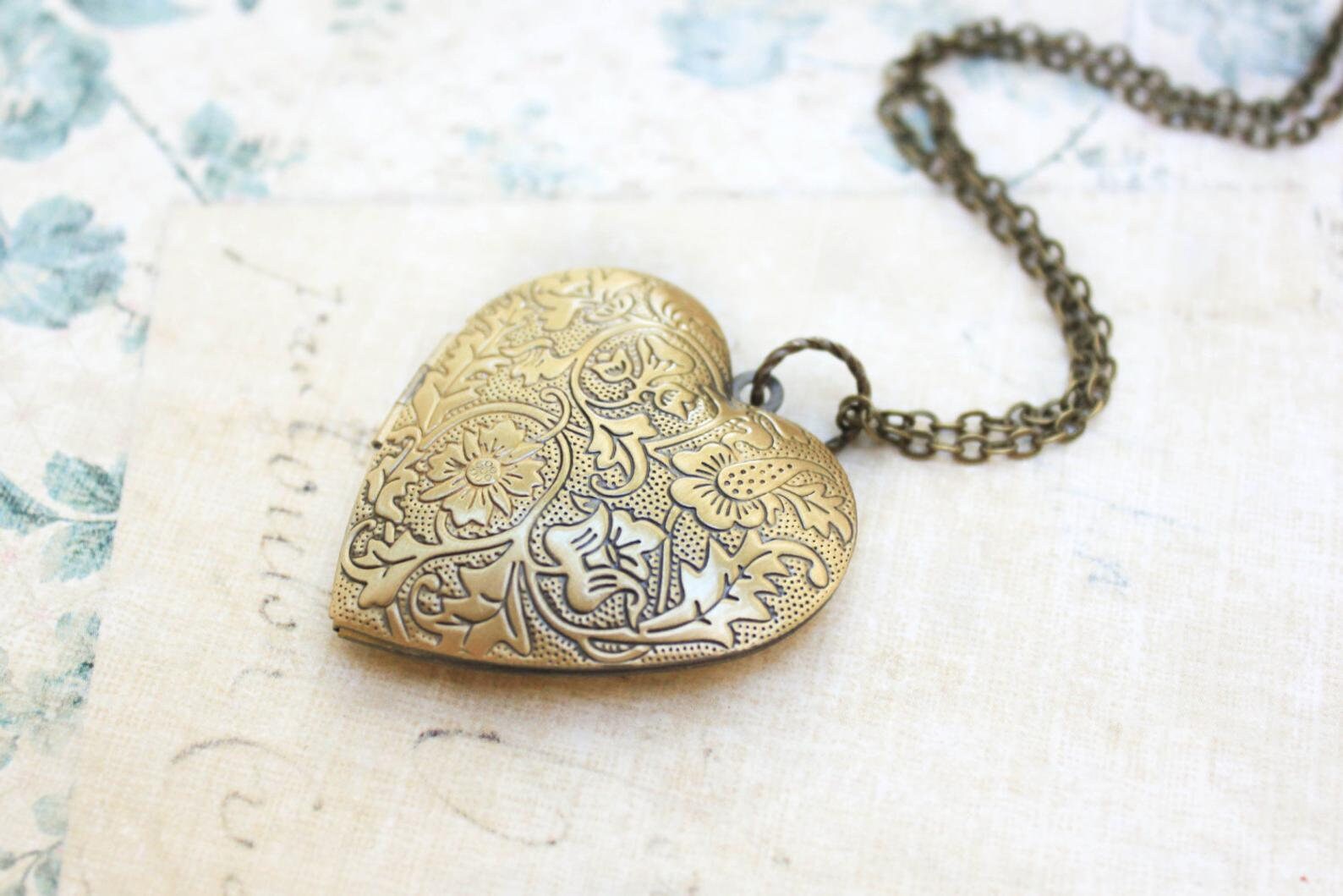 Large Heart Locket Necklace Silver Floral Locket Pendant Etsy