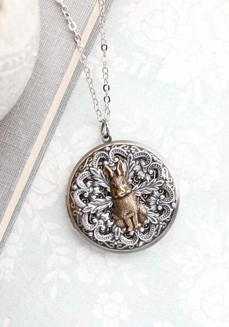 Rabbit Pendant Large Round Brass Picture Locket Layering Necklace Vintage Style Antiqued Silver Filigree Bunny Hare Animal Unique Locket 