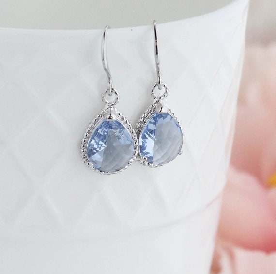 Light Blue Earrings, Light Sapphire Glass Earrings Sparkling Jewel Pear Drop Sparkle Silver Teardrop Gift for Her Bridesmaids something blue