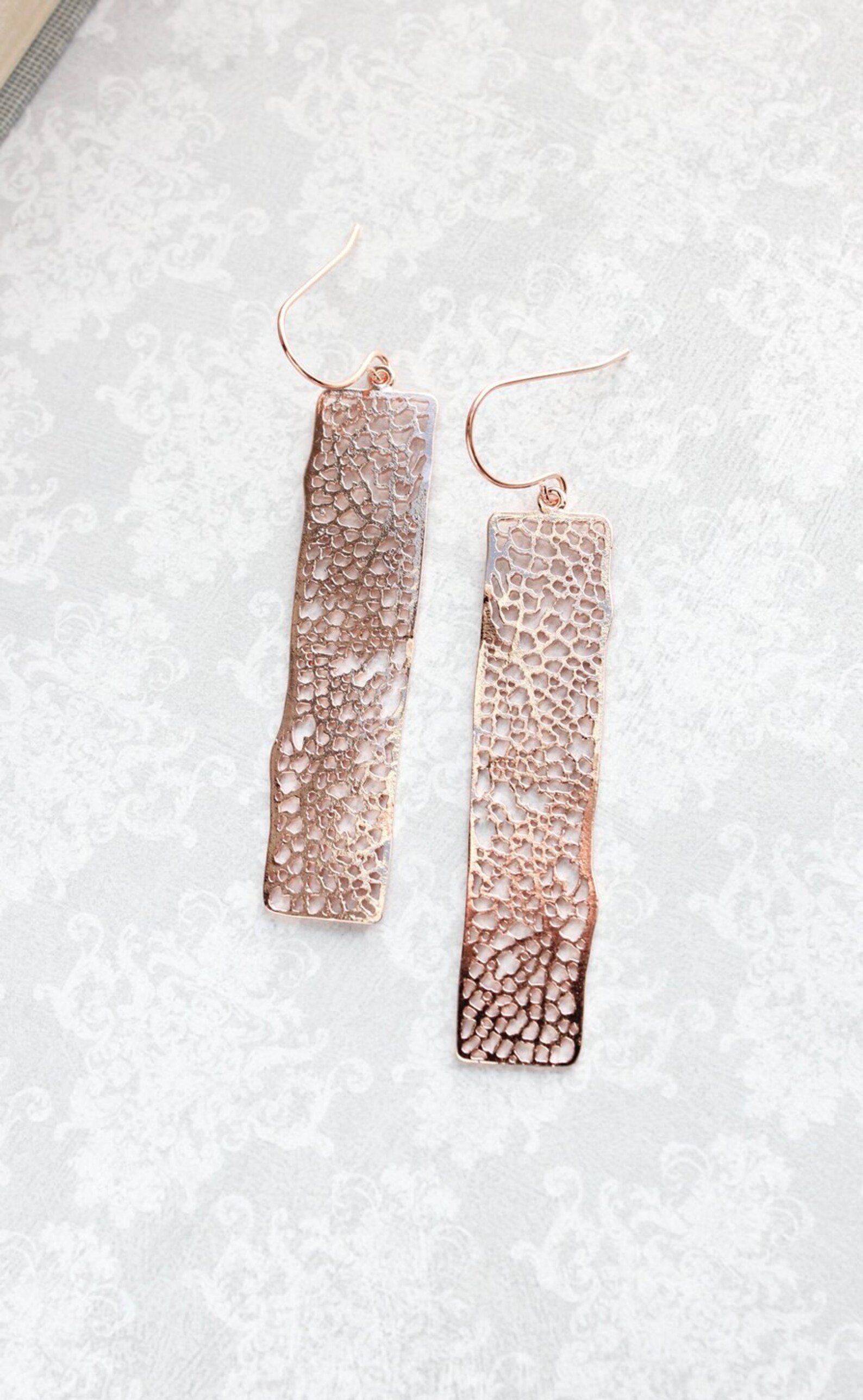 Rose Gold Earrings Long Lace Filigree Unique Modern Dangle Etsy