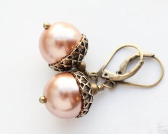 Rose Gold Pearl Acorn Earrings (23 colors) Unique Oak Earrings Ivory Cream Pearl Drop Earrings, Autumn Jewelry, Gift for Women, Lever back