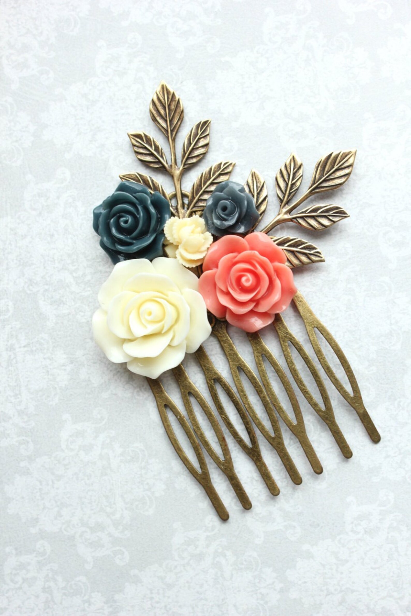 Flower Hair Comb Coral Rose Navy Blue Rose Comb Ivory Cream Etsy