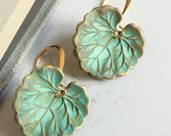 Lily Pad Earrings, Teal Green Leaf Earrings, Verdigris Patina Leaves, Geramium Leaf, Unique Jewellery, Rustic Nature Inspired Faerie Fairie