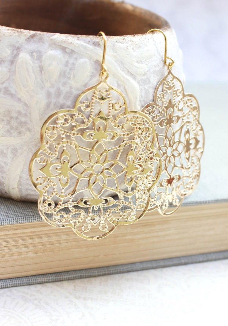 Big Gold Earrings Lace Filigree Earrings Large Dangle Spanish Etsy