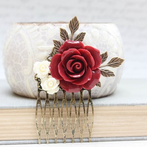 Red Rose Comb Floral Collage Hair Accessories Cream Rose Dark Red Wedding Bridal Stocking Stuffer Victorian Christmas Gift For Her