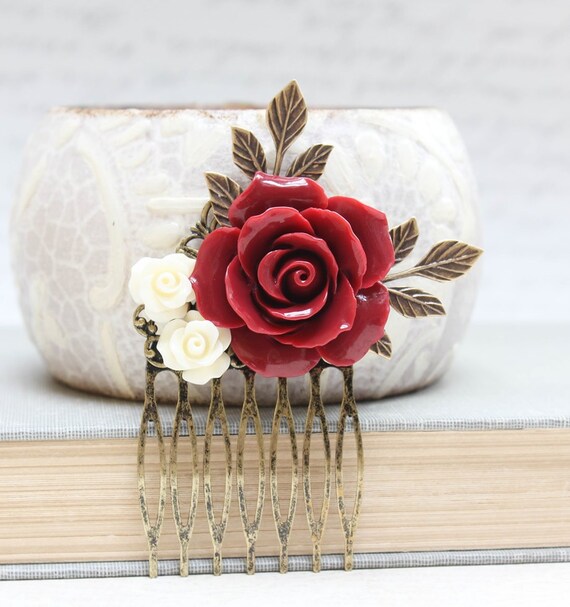 Red Rose Comb Floral Collage Hair Accessories Cream Rose Dark Red