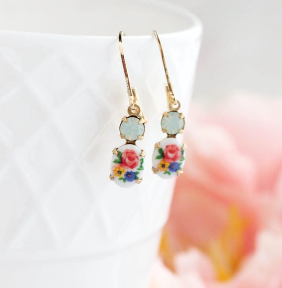 Tiny Floral Cameo Earrings, Mint Earrings, Vintage Style, Multi