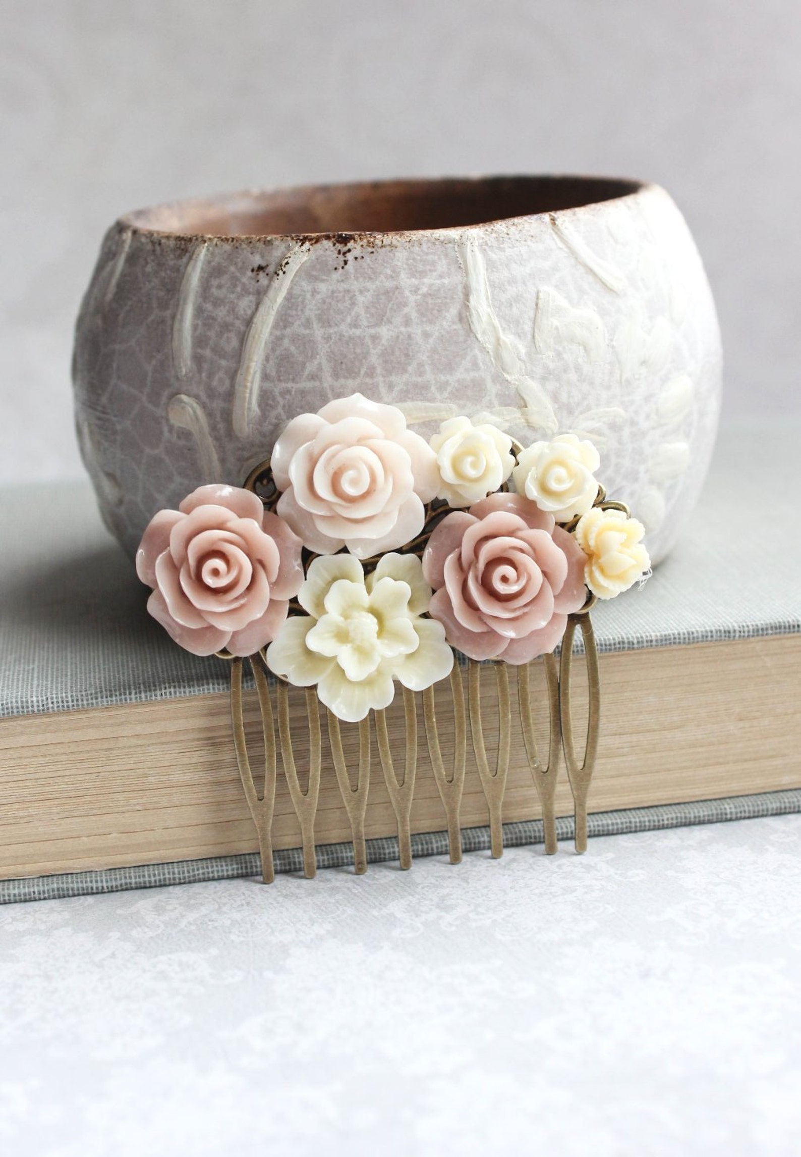 Blush Rose Hair Comb Floral Collage Romantic Bridal Shabby Etsy