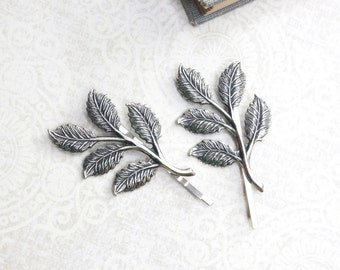 Silver Branch Bobby Pins Antique Silver Leaf Hair Pins Nature Hair Accessories Woodland Wedding Grey Winter Forest Leaves for Hair Slides