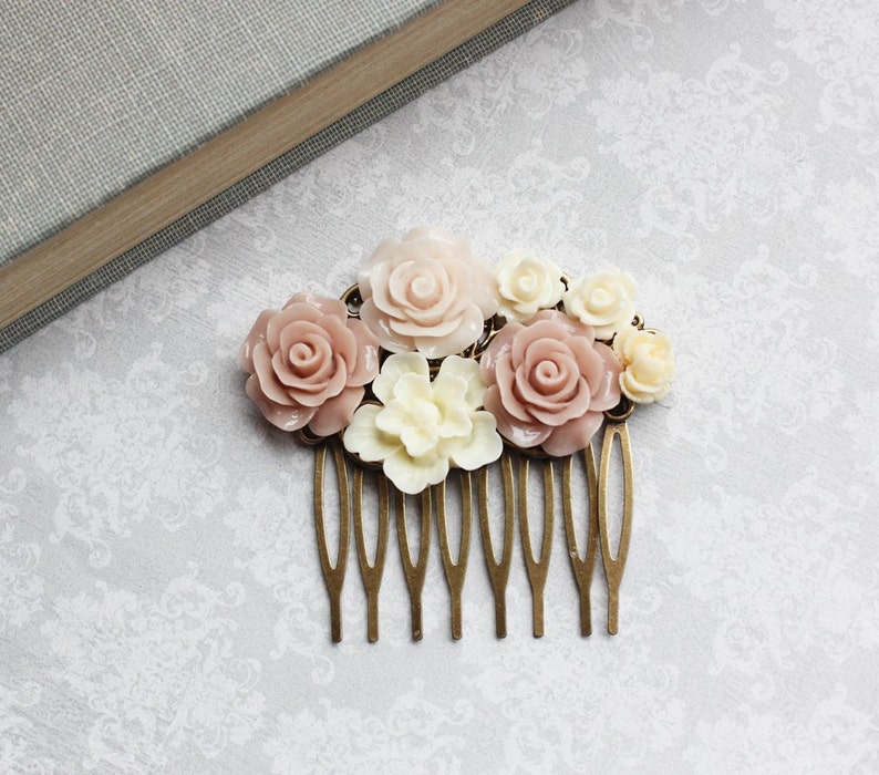 Blush Rose Hair Comb Floral Collage Romantic Bridal Shabby Etsy