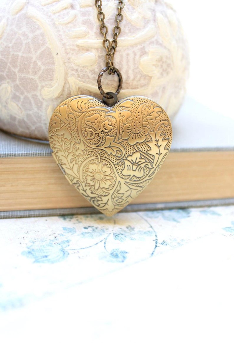 Large Heart Locket Necklace Silver Floral Locket Pendant Etsy
