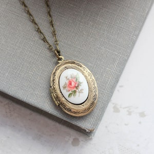 Pink Rose Locket Necklace, Pretty Photo Locket, Vintage Style Cameo, Antiqued Gold Brass, Picture Locket, Mothers day gift for her