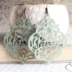 Large Filigree Earrings Light Sage Green Patina Earrings Big Lace Dangle Earrings Rustic Patina Jewelry Shabby Country Boho Chic Romantic