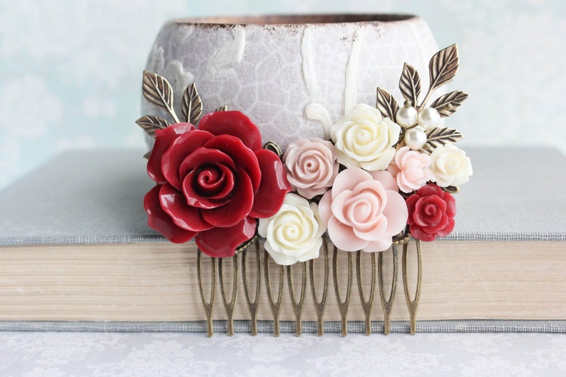 Rose Hair Comb Vintage Style Wedding Deep Red Rose Pink Floral Collage Romantic Pearl Hair Piece Bridemaids Gifts Antique Gold Branch Comb