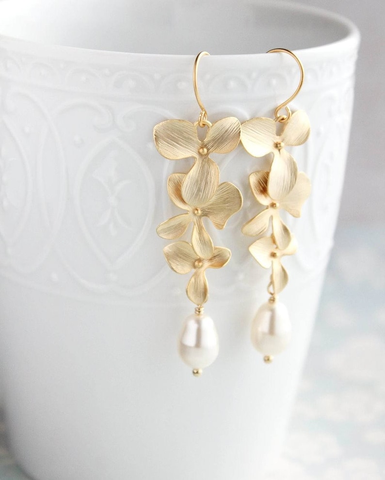Long Gold Orchid Earrings Floral Earrings Gold and Pearl Etsy