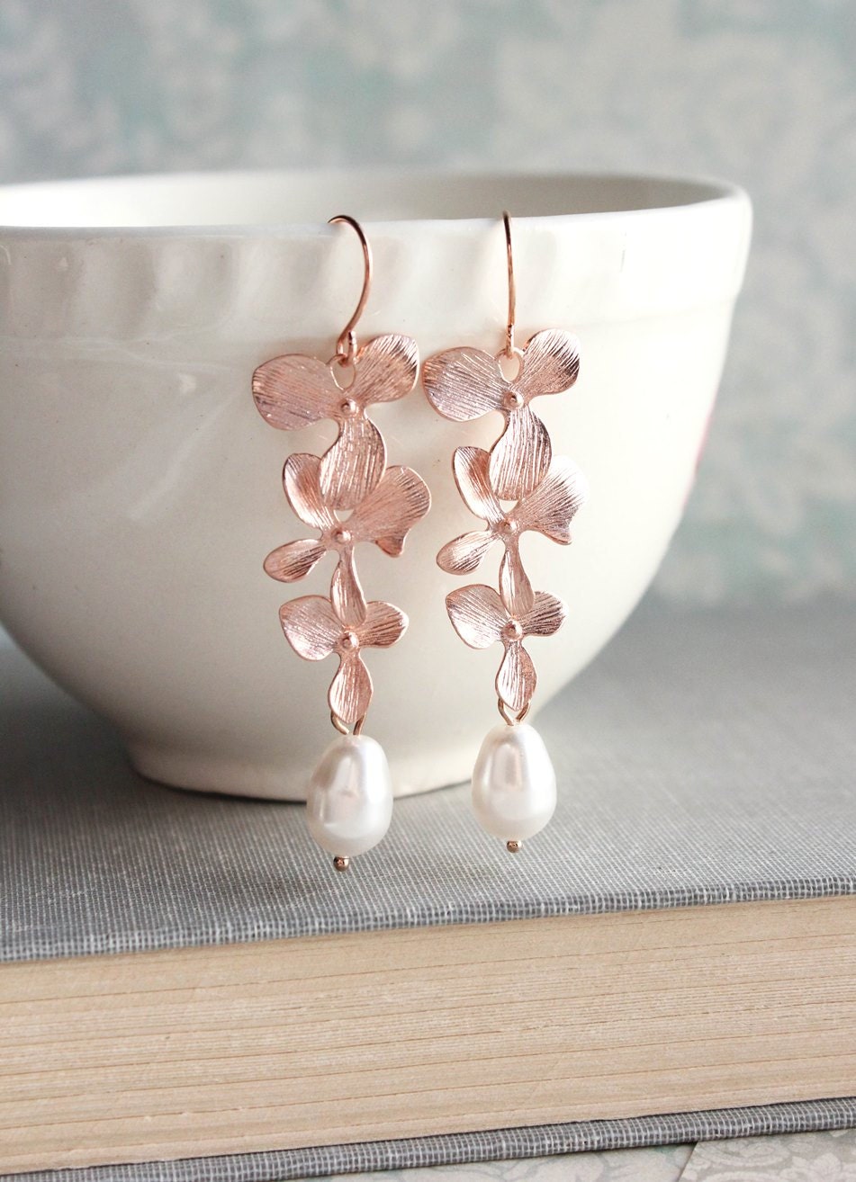 Rose Gold Orchid Earrings Floral Earrings Long Pink Gold Etsy Canada