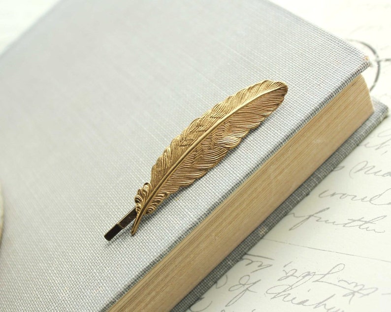 Feather Bobby Pin Gold Feather Hair Pin Golden Nature Hair Accessories Woodland Accessories Nature Inspired Bird Feather Hair Clip Barrette image 3