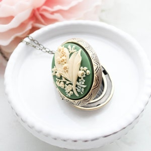 Big Cameo Necklace, Lily of the Valley, Photo Locket Necklace, Green and Cream Ivory, Floral Pendant, Botanical Jewelry, Antiqued Gold Brass