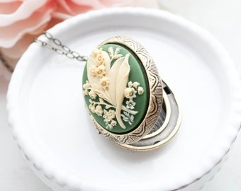 Big Cameo Necklace, Lily of the Valley, Photo Locket Necklace, Green and Cream Ivory, Floral Pendant, Long Chain, Antiqued Gold Brass