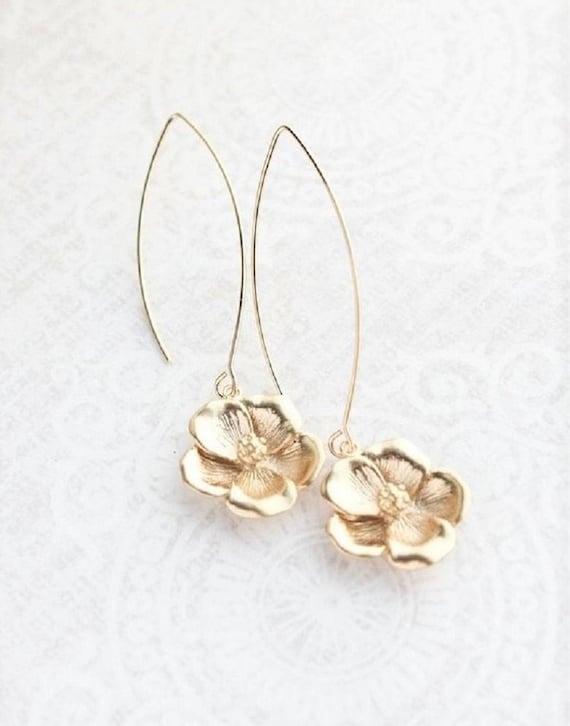 Gold Cherry Blossom Earrings Long Dogwood Dangles Modern Etsy