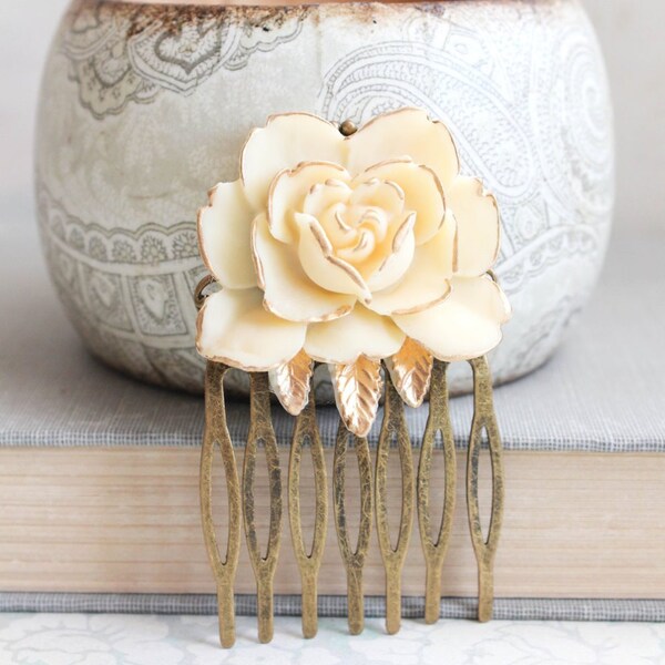 Ivory Cream Rose Hair Comb Gold Petals Bridal Hair Comb Romantic Bridesmaids Gift Flower Hair Piece Vintage Style Country Chic Wedding