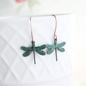 Tiny Dragonfly Earrings, Small Insect Earrings, Little Drops Mint Patina Copper Brass, Rustic Wings, Woodland Nature Wildlife Jewelry
