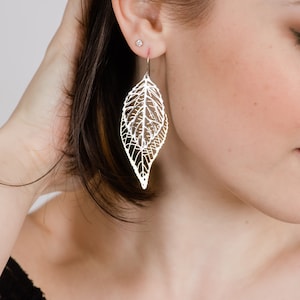 Big Gold and Silver Leaf Earrings Large Leaves Filigree Modern Long Dangle Bridal Jewelry Bridesmaids Gift For Girlfriend Nature Jewelry