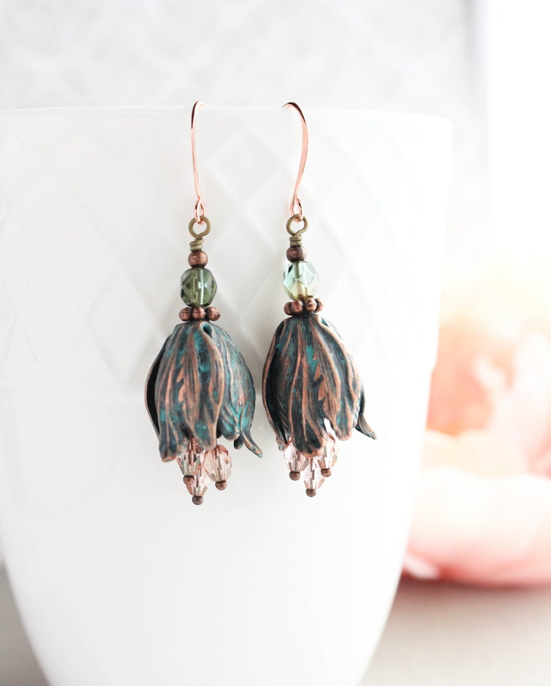 Tulip Earrings Blue Patina Copper Flower Dangle Earrings Etsy